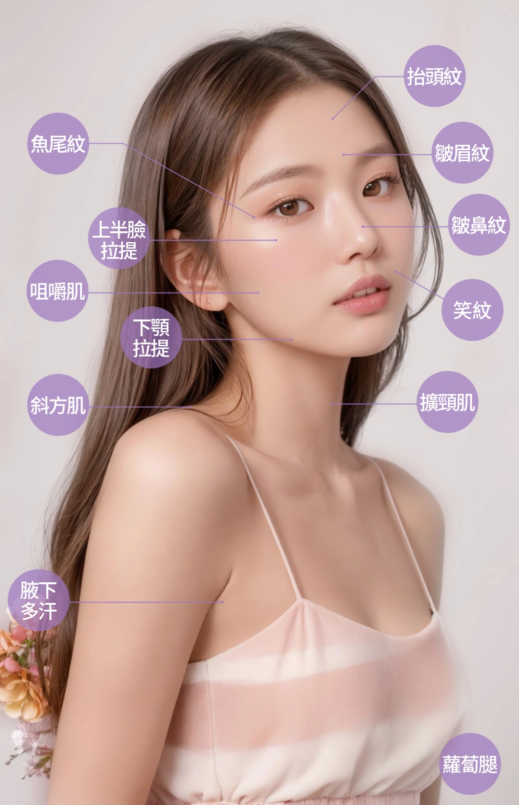 可施作部位-抬頭紋、皺眉紋、皺鼻紋、笑紋、魚尾紋、上半臉拉提、咀嚼肌、下顎拉提、斜方肌、擴頸肌、腋下、蘿蔔腿