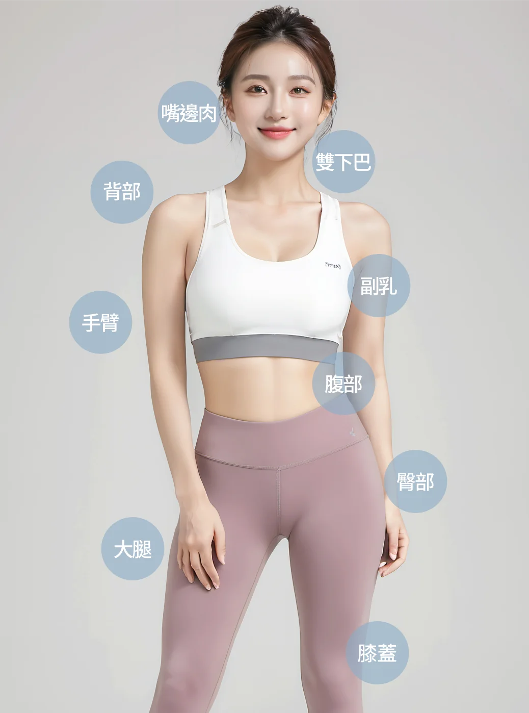 可施作部位-雙下巴、嘴邊肉、副乳、手臂、背部、腹部、臀部、大腿、膝蓋