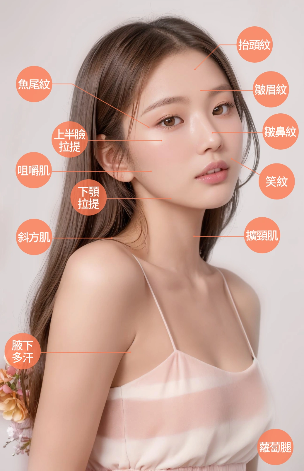 可施作部位-抬頭紋、皺眉紋、皺鼻紋、笑紋、魚尾紋、上半臉拉提、咀嚼肌、下顎拉提、斜方肌、擴頸肌、腋下、蘿蔔腿